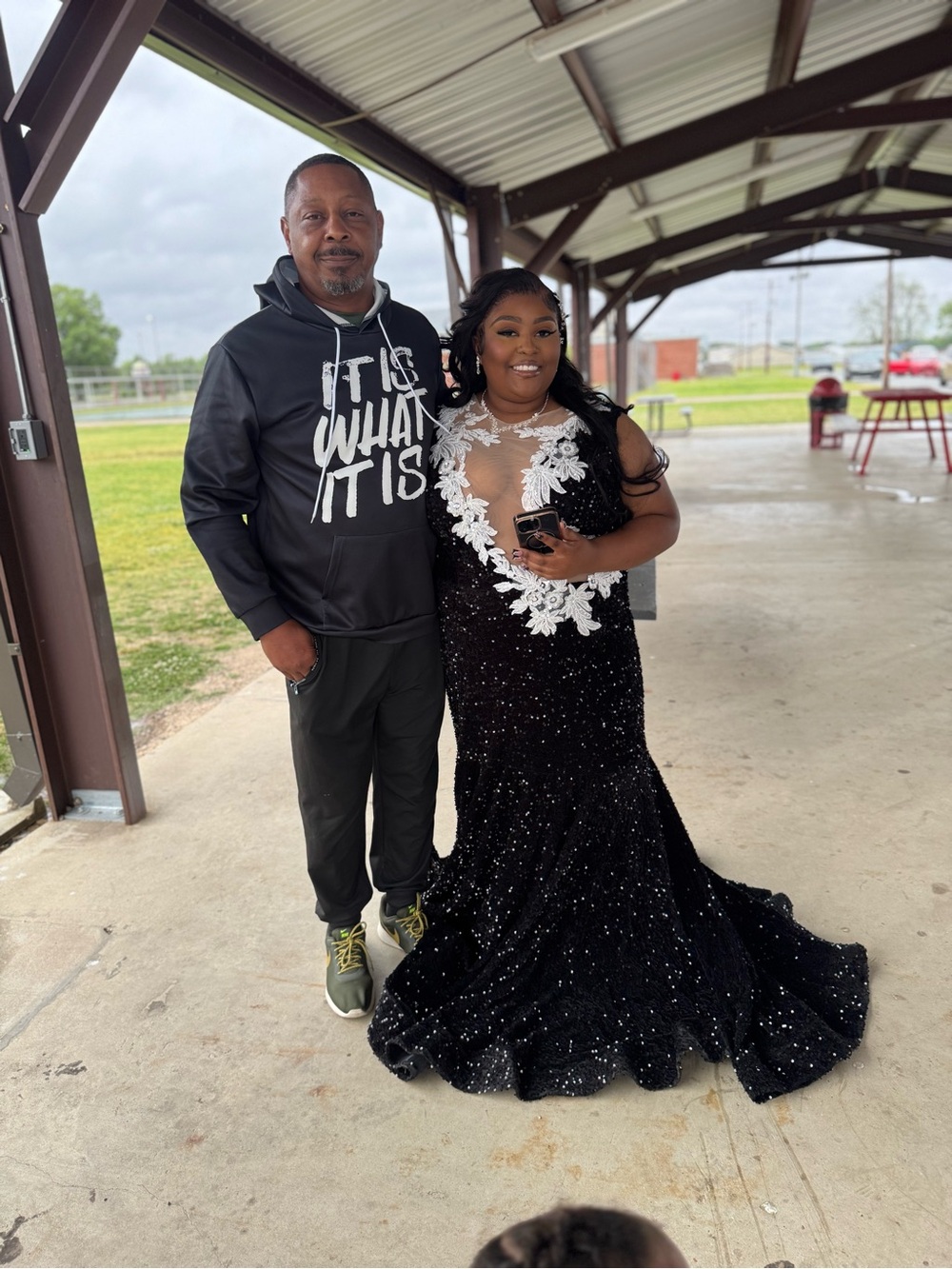 Black Sequin Prom Gown with White Floral Appliqué - Picture 3 of 3